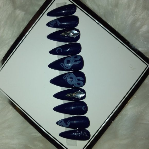Navy Blue white snake an rhinestone press on nails - Picture 2 of 2